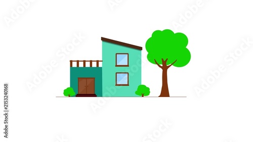 Animated Modern Flat House with Green Tree. residential house and tree isolated on a white background.