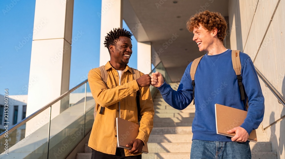 Obraz premium students campus friends friendship success teamwork celebration education men outdoors exchange a cheerful fist bump outdoors for peer support motivation and university success campaigns