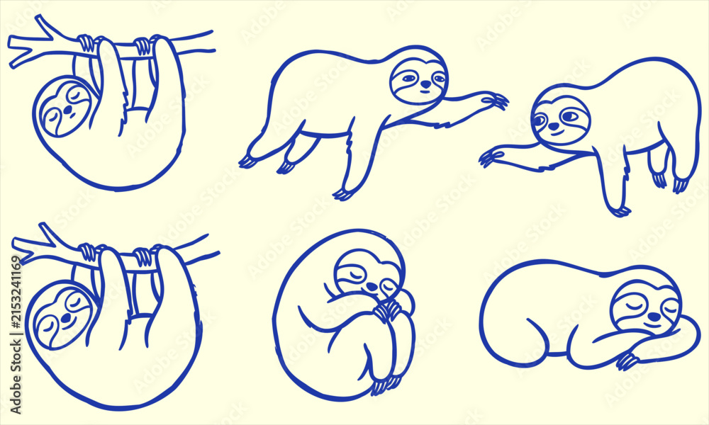 Obraz premium Whimsical sloths in various poses on a cream background hand-drawn style cute animal illustrations