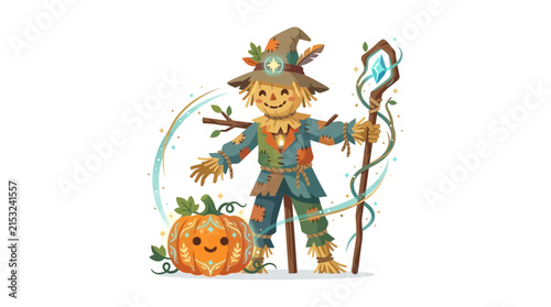 Whimsical Scarecrow with Pumpkin and Magic Staff Illustration