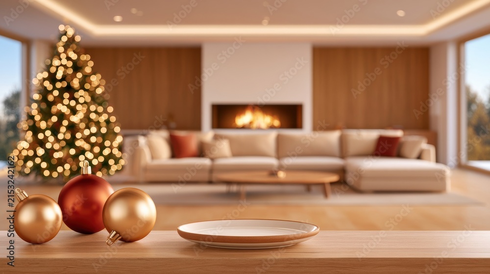 Obraz premium Cozy living room with Christmas tree and ornaments on wooden table