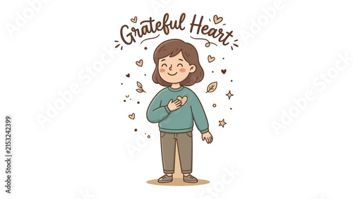 Obraz na plátně Grateful Heart Illustration: A charming illustration depicts a person holding their hand over their heart with a warm smile, embodying gratitude and inner peace