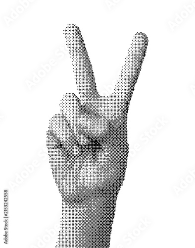 Fotografía Dotted halftone illustration of a hand making a peace sign isolated on transpare