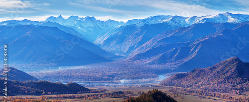 Belukha Mountain is the highest point of Altai, view of snow-capped peaks, climbing and traveling in the mountains