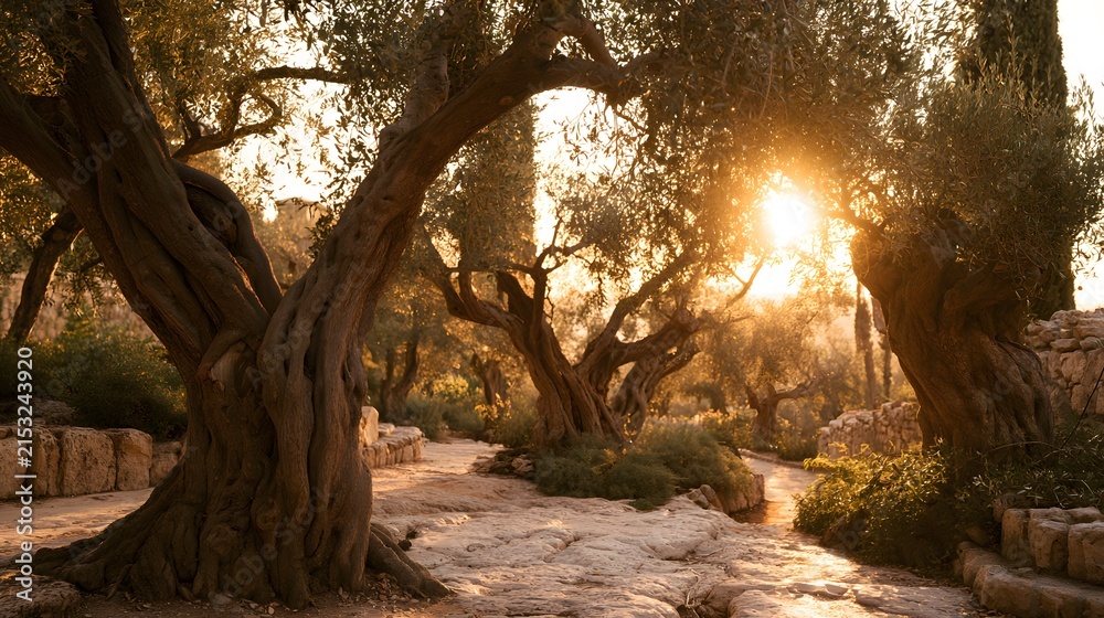 Fototapeta premium Ancient olive trees in the garden of gethsemane at sunset golden hour lighting, jerusalem