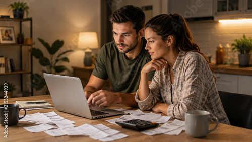 Couple managing household finances and reviewing bills on laptop at home