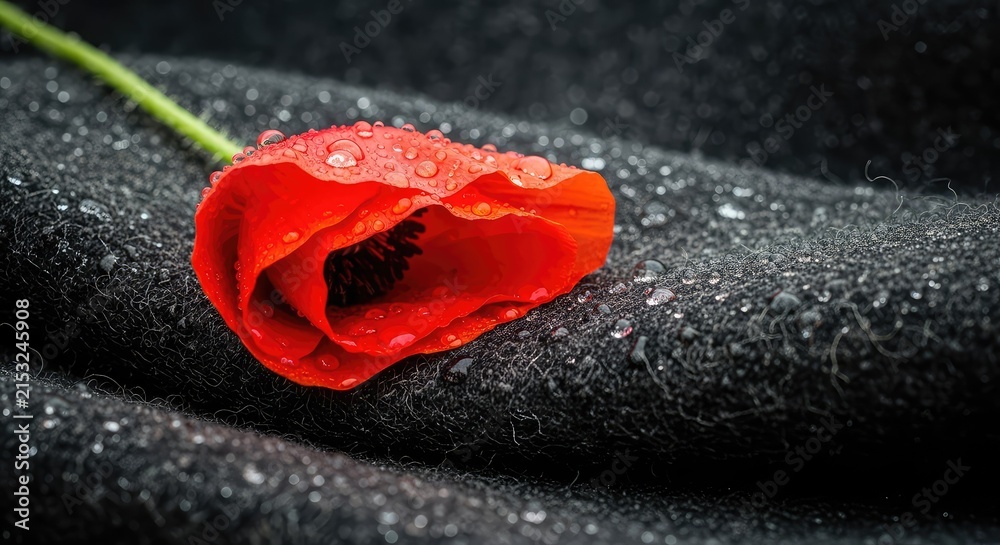 Fototapeta premium A vibrant red poppy flower rests atop dark, dampened fabric, glistening with raindrops to signify solemn remembrance and silent tribute, glistening, moisture, droplets