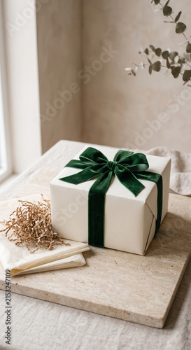 White gift box wrapped with deep green velvet ribbon beside folded tissue paper and dried botanical stems in soft window light in a clean professional packaging workspace