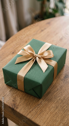 Green wrapped gift box finished with a wide gold satin ribbon and bow on a round wooden table in gentle natural light inside a bright professional packaging studio