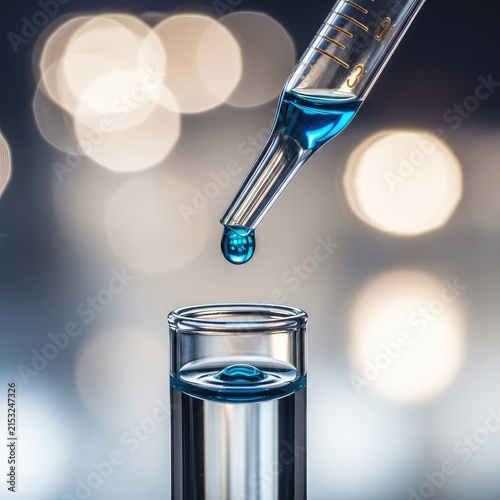 Detailed macro view of a glass pipette tip dropping blue liquid into a tube against a soft bokeh light background in a research laboratory, healthcare, analysis, laboratory