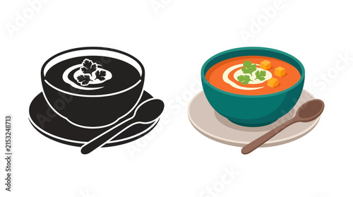 Bowl of soup with garnish and spoon vector illustration with silhouette version