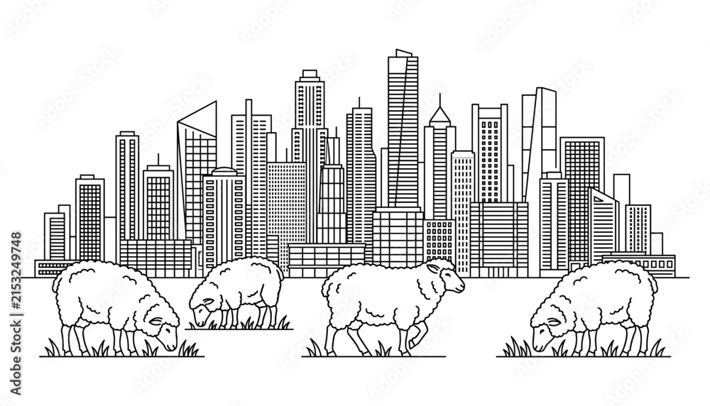 Obraz premium Modern City Skyline Vector Illustration Featuring a Group of Cute Sheep Grazing Peacefully in the Foreground Meadow for Agricultural Concept