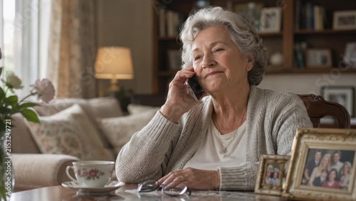 Smiling elderly woman talking on a smartphone at a cozy living room table