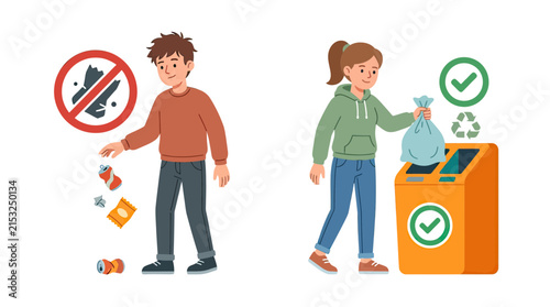 Illustration of proper waste disposal and littering consequences.