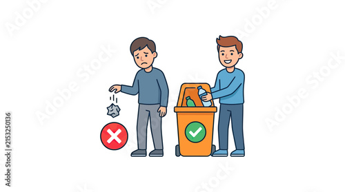 Two men using recycling and trash bins outdoors.