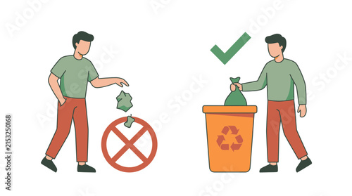 Illustration of correct and incorrect waste disposal methods.