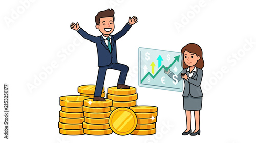 Successful businessman celebrating financial growth with colleague.