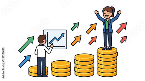 Celebrating business success with rising profits and growth charts.