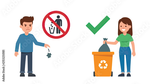 Illustration of proper waste disposal and recycling practices.