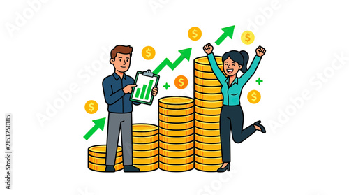 Happy business partners celebrating financial success with gold coins and growth charts.