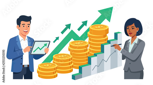 Business professionals analyzing financial growth charts and data.