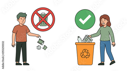 Illustration of proper and improper waste disposal by people.