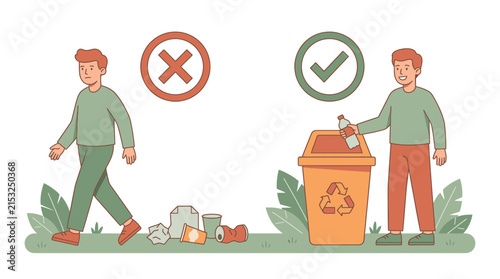 Two men demonstrating proper and improper waste disposal in a park.