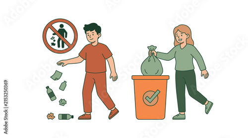 Cartoon illustration of people recycling waste and littering.