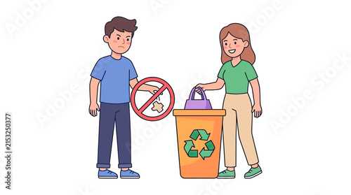 Illustration of a man and woman recycling waste at a bin.