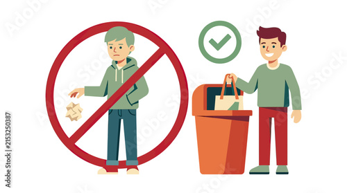 Illustration of proper and improper waste disposal methods.