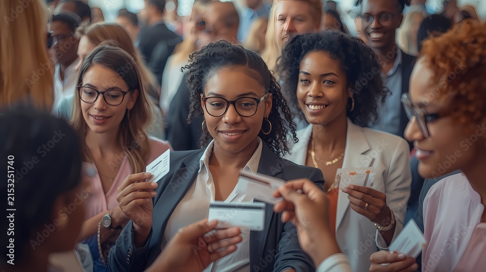 Obraz premium People exchanging business cards at a networking event in a busy conference venue in the afternoon