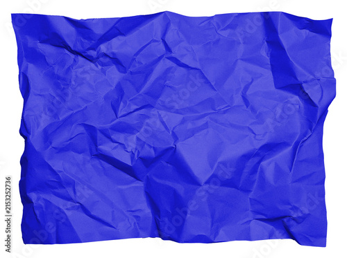 Texture of crumpled blue paper with creases and folds on isolated background.