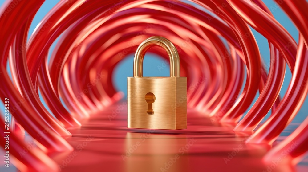 Fototapeta premium Golden padlock inside glowing red abstract tunnel with data stream effect