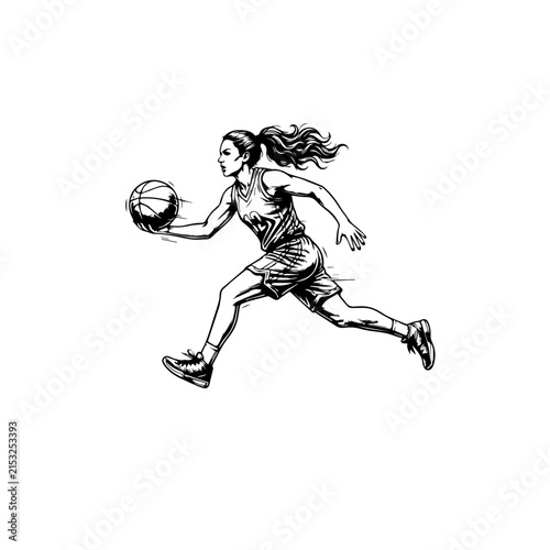 Young woman basketball player running with a ball illustration