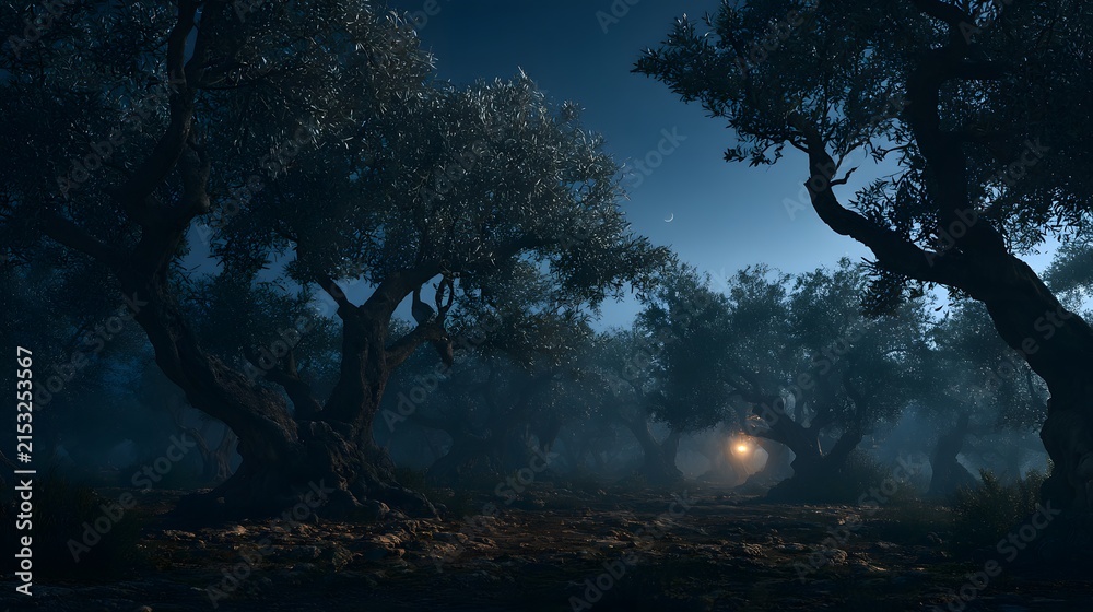 Fototapeta premium Mysterious olive orchard under a crescent moon at night