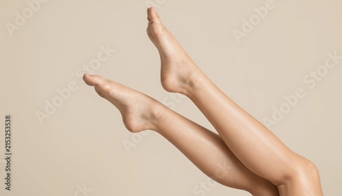 Close up of smooth female legs held up against a plain beige background