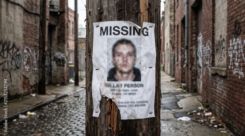 Faded missing person poster attached to a wooden utility pole in a gritty urban alleyway