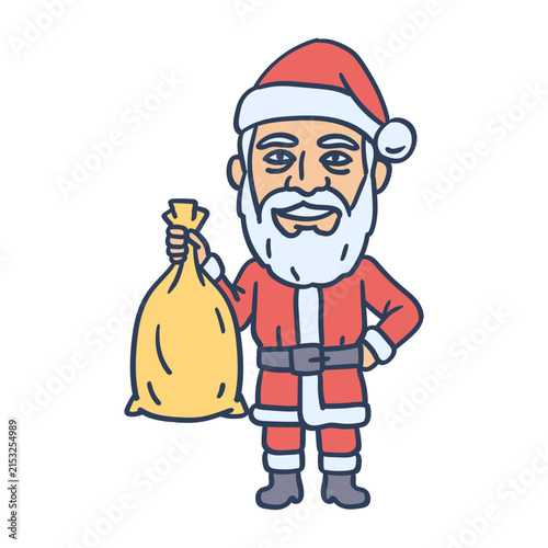 Santa Claus holding bag of gifts and smiling. Hand drawing
