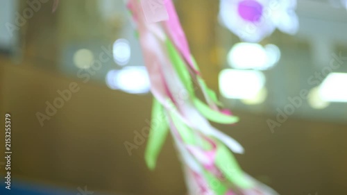 Pink and green ribbons sway gently in soft focus. Blurred lights illuminate the background space. Festive decorations hang indoors. Perfect for birthday celebrations. Colorful streamers add energy