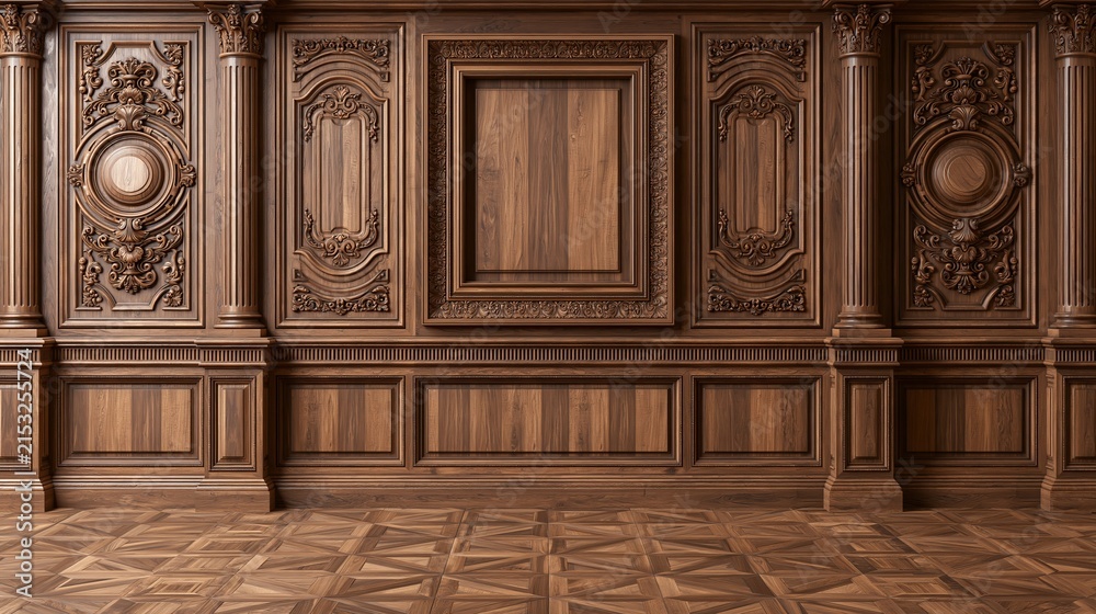 Fototapeta premium Ornate walnut wood wall paneling featuring intricate carvings, classical columns, rectangular frames, elegant moldings, rich brown tones, and polished surfaces.
