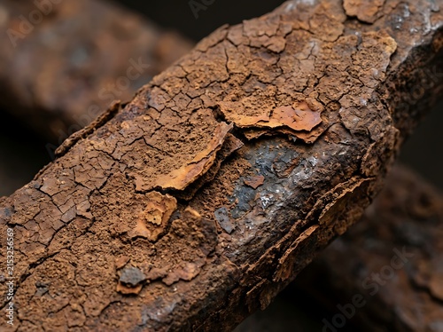 A extreme macro close up of a heavily rusted iron surface with deep cracked metal scales, corrosion