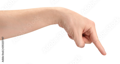 Photography Male hand pointing downward with index finger, isolated on transparent cutout ba