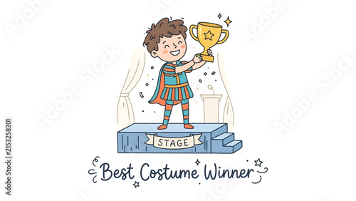Konstfotografi Young Performer Victorious: A joyful child dressed in a vibrant costume stands proudly on stage, holding a gleaming trophy aloft as the Best Costume Winner