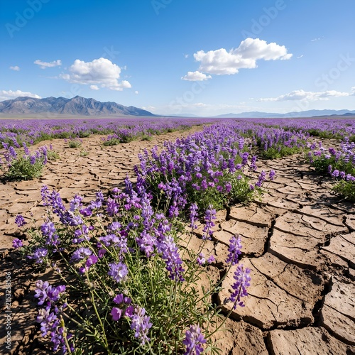 Blooming Desert Flowers on Cracked Earth Vast Purple Wildflower Field Under Blue Sky