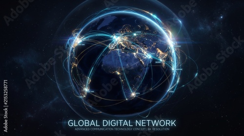 global network digital earth communication technology world map internet connection telecommunication satellite network global connectivity data transfer future technology