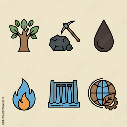 A set of six flat vector icons representing natural resources and environmental elements.