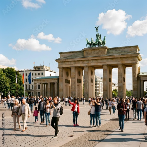 Brandenburg Gate Berlin Germany Tourists Visiting Iconic Landmark on Sunny Day