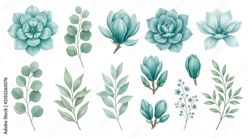 Fototapeta premium Hand-drawn turquoise cactus and succulent botanical illustrations. Watercolor desert plants collection for design and decor projects.