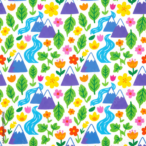 A colorful seamless pattern depicts stylized mountains, leaves, flowers and rivers.