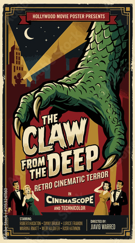 Retro movie poster with giant monster claw and vintage moviegoers